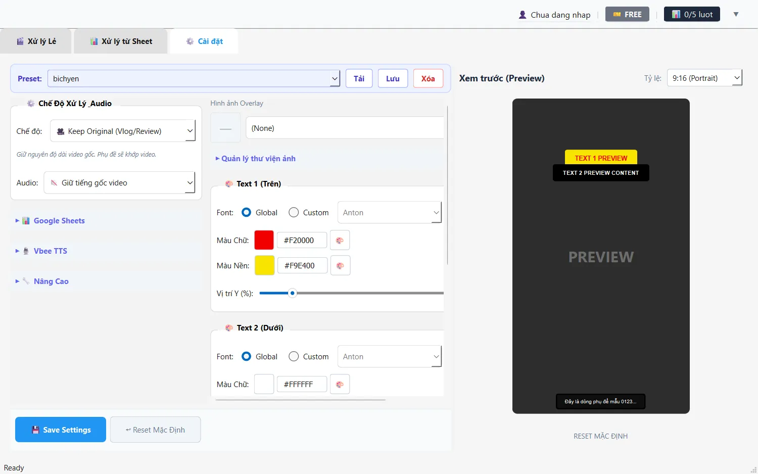 Giao diện tab Cài đặt