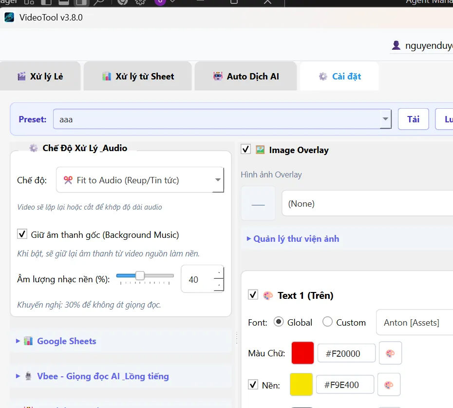 Giao diện tab Cài đặt